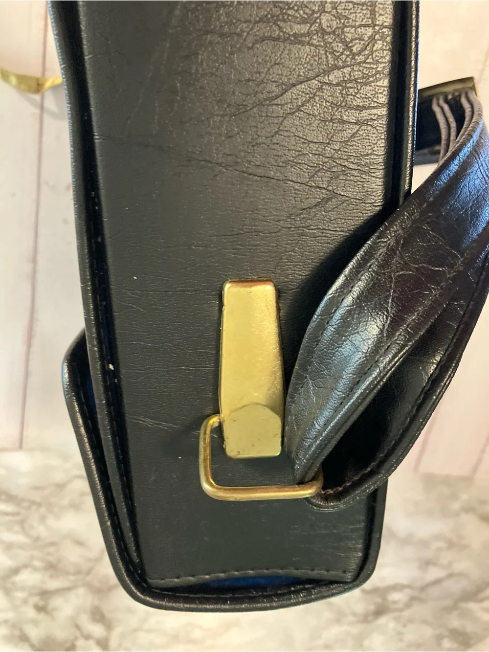 Vintage Amiet Camera Bag Faux Leather Crossbody Case Black Blue Interior